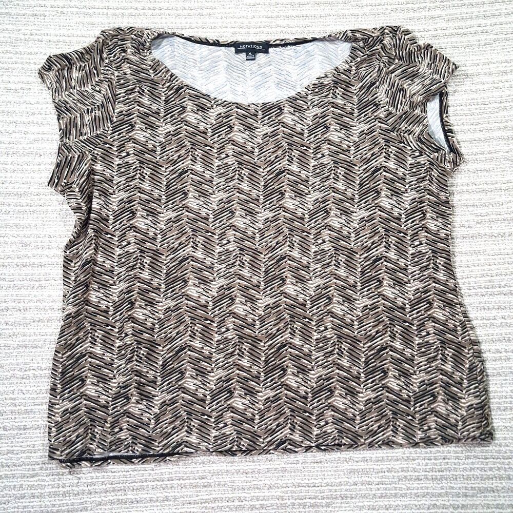 Notations Women's Brown zigzag blouse, XL short sleeves, scoop neck Chevron